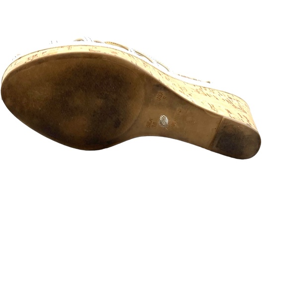 SERGIO ZELCER WHITE PATENT LEATHER & CORK BOTTOM SANDAL PLATFORM WEDGES - Picture 4 of 16